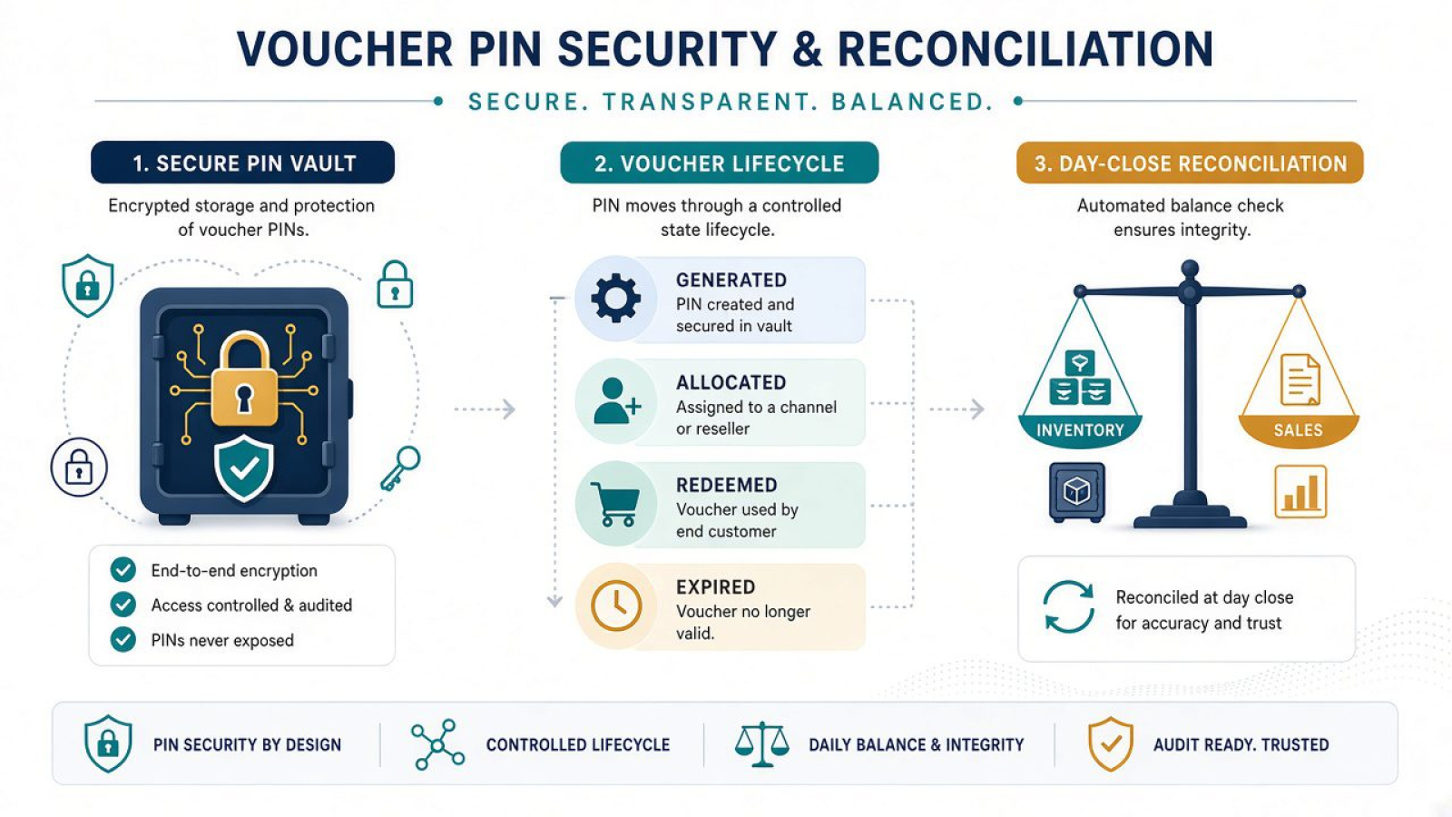 Voucher reconciliation and PIN security diagram showing lifecycle states and day-close controls in an electronic voucher management system