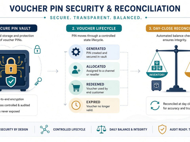 Voucher reconciliation and PIN security diagram showing lifecycle states and day-close controls in an electronic voucher management system