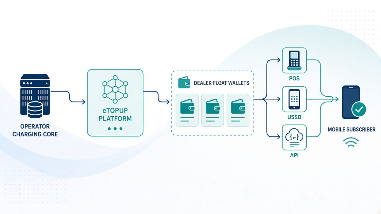 Diagram of an electronic top up system for telecom airtime