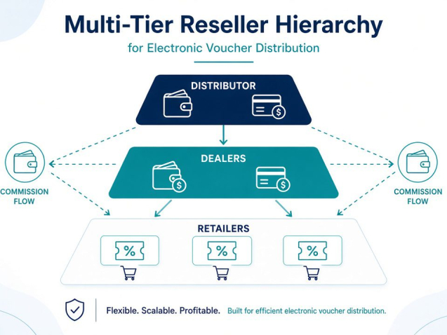 Multi-tier reseller voucher distribution hierarchy diagram from distributor to dealer to retailer for electronic vouchers