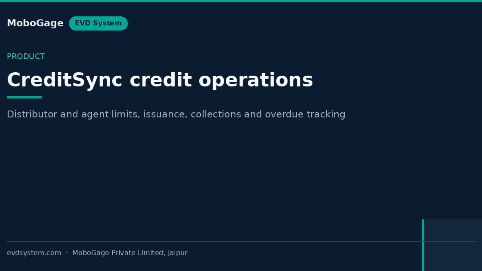 MoboGage EVD System typographic card — CreditSync credit operations